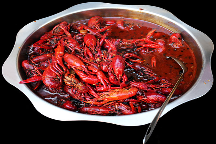 Crawfish in silver serving dish